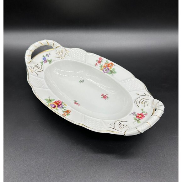 Antique Serving Bowl Rosenthal Bavaria Handles Basket Weave Flowers Germany Dish - Picture 1 of 10